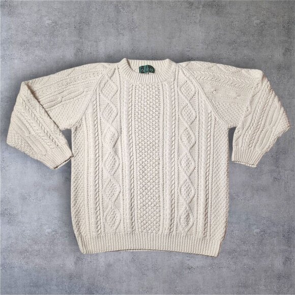 Handknit Aran Fisherman Sweater XXL Cream Cable Knit Crewneck Pullover - Picture 1 of 10
